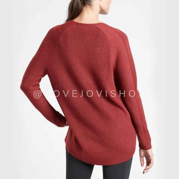 Minimalist | Athleta Brick Red V-Neck Sweater | Sunset Rust Merino Cable Knit - Picture 3 of 14